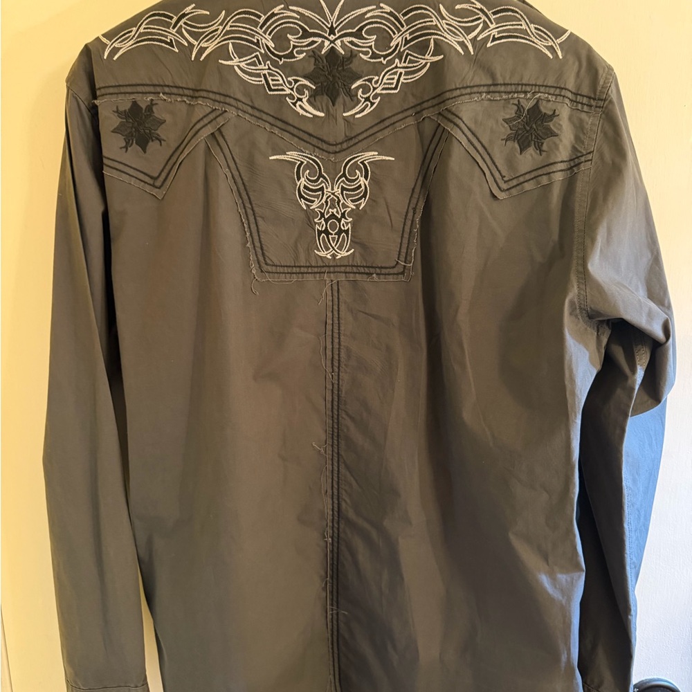 Rock & Roll Cowboy Western Snap Shirt XL Gray Embroidered Bull Skull - Picture 6 of 9